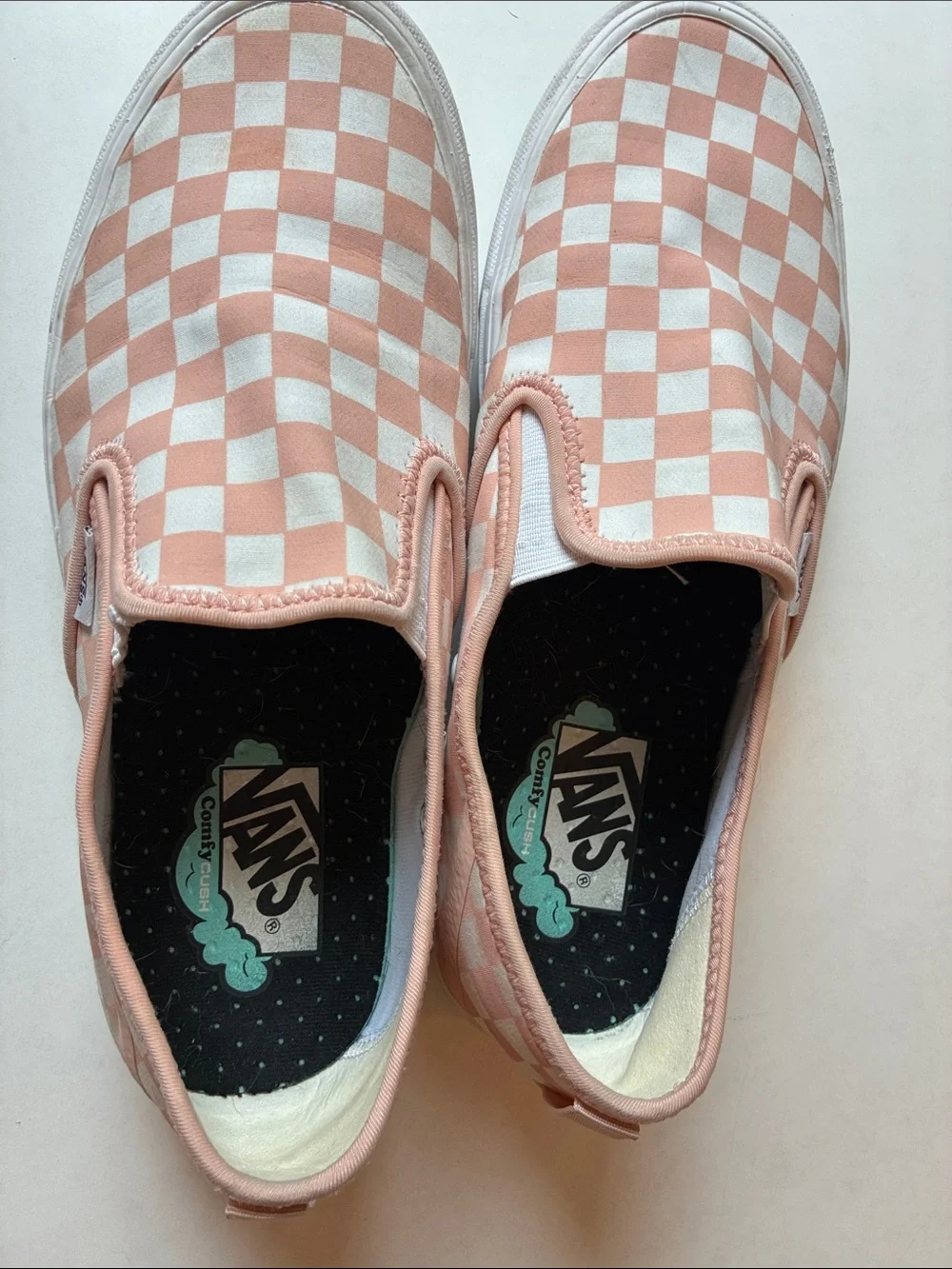 Vans Slip-On Checkerboard Sneakers — Pink and White